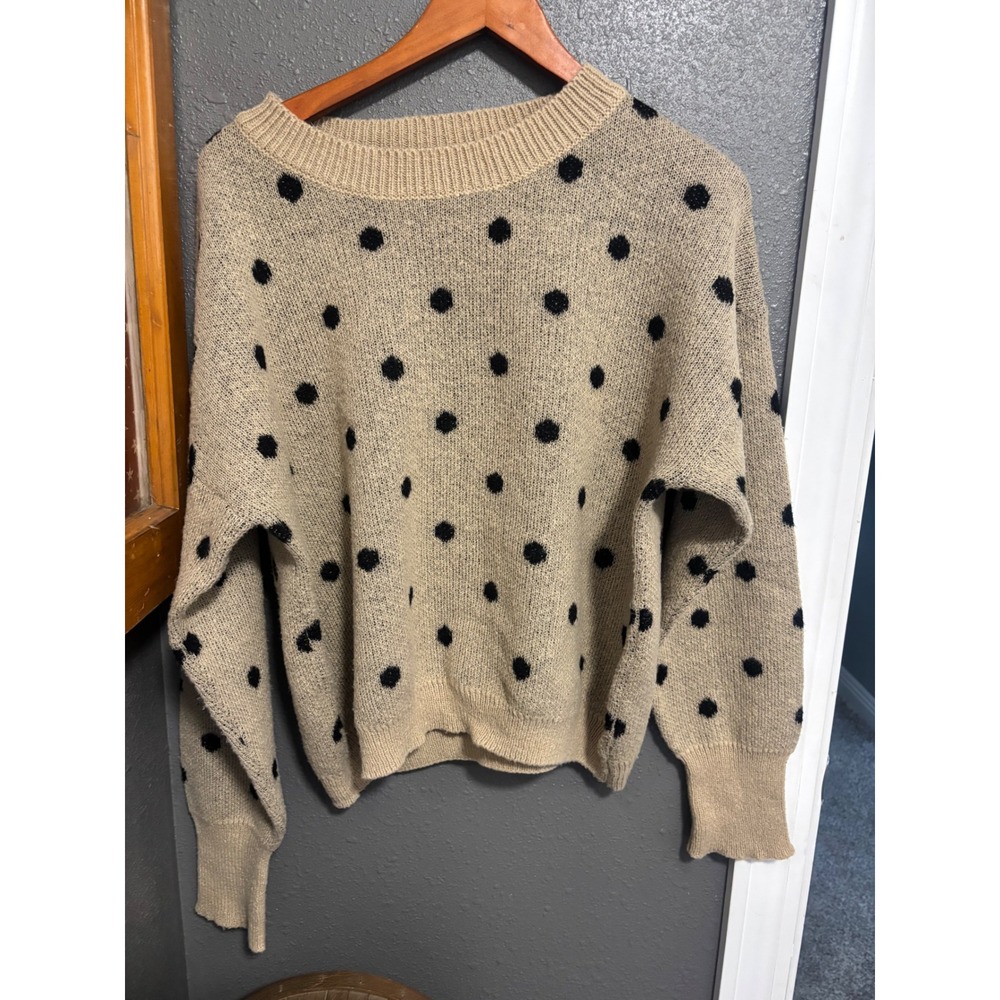 Tan Beige Polka Dot Knit Crewneck Sweater XL Long Sleeve Pullover